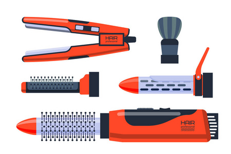 理发沙龙专业设置与工具设备和扭仪容仪表金属理发店护理美发造型师电动辅助矢量图