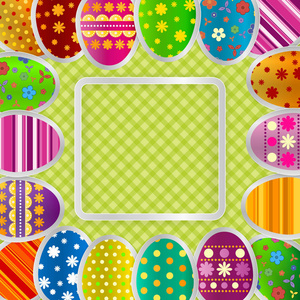 问候与复活节彩蛋背景的春天。节日的纸张图像的鸡蛋在广场上光框架