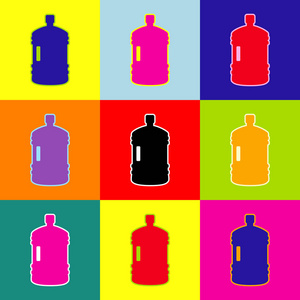 塑料瓶剪影标志。矢量。波普艺术风格多彩图标设置使用 3 种颜色