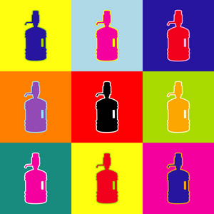 塑料瓶与水和虹吸的剪影。矢量。波普艺术风格多彩图标设置使用 3 种颜色