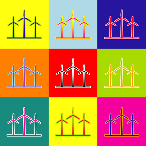 风力涡轮机的标志。矢量。波普艺术风格多彩图标设置使用 3 种颜色