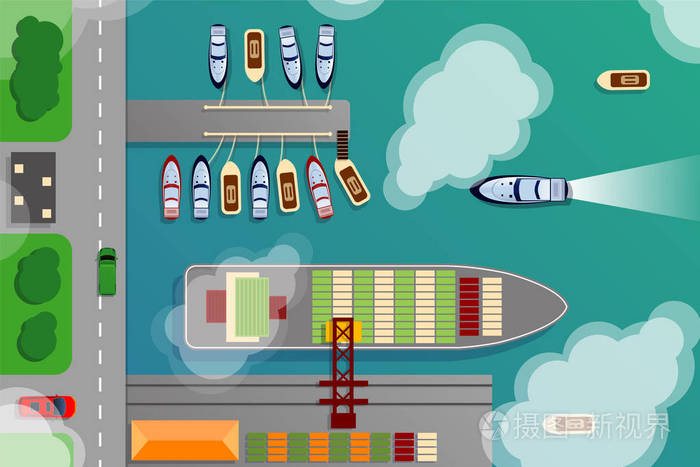 船坞港口终端空中顶视图 —— 货物船舶与海洋船矢量图