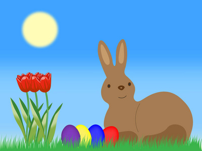复活节兔子复活节彩蛋与草原上的郁金香