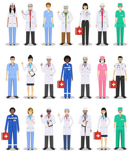 医学的概念。医生和护士在白色背景上孤立的平面样式的详细的说明。执业医生男人和女人站在不同的位置。矢量图