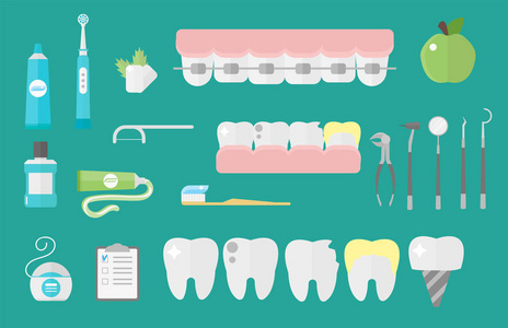 平卫生保健牙医符号研究医疗工具医疗保健系统概念和医学仪器卫生口腔医学工程矢量图
