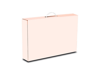 带柄的粉红色框。笔记本电脑的包装盒子。主人家孤立