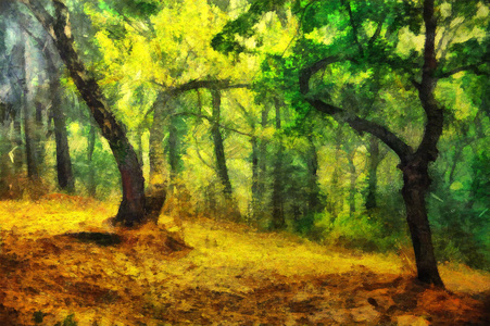 美丽的河流油画风景,日落,下午与春天森林的河流湖面上有热带树木