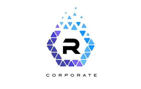 R 蓝色六边形字母徽标与三角形