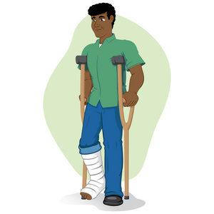 Afrodescendant 人，受伤的腿，缠着绷带或灰泥与拐杖的插图。医疗卫生机构材料的理想选择