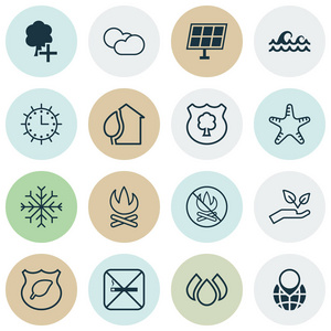 16 生态图标集。包括太阳时钟 海浪 香烟和其他符号。漂亮的设计元素