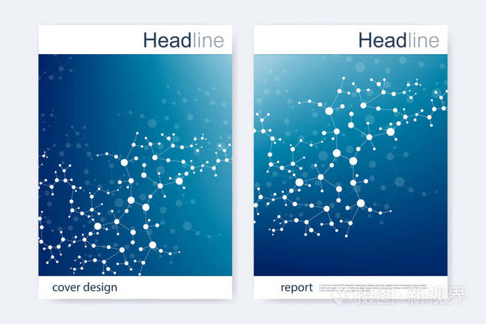 科学的宣传册设计模板。矢量海报布局 分子结构与连接的线和点。科学模式原子 Dna 与杂志 传单 封面 海报设计元素