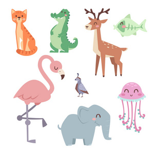 超可爱的动物园卡通动物隔离滑稽野生动物学习可爱语言和热带自然野生