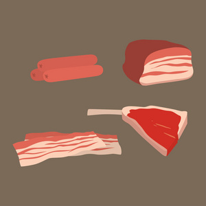 肉产品套卡通美味烧烤烤肉串多种美味美食和动物分类切片羊肉煮熟矢量图