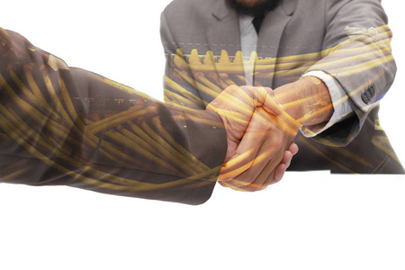 商户在会议厅或会议室模糊形象上握手的双重曝光, 背景商业协议概念