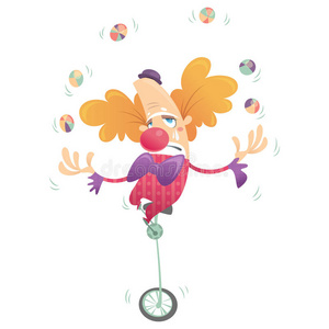 卡通悲伤的小丑杂耍和哭泣在一个车轮自行车照片