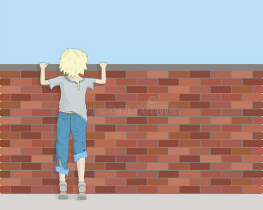可怜的男孩从砖墙上看过去图片