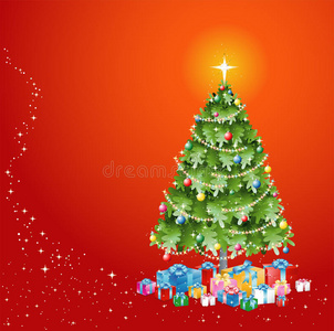 圣诞树上有装饰品和礼物
