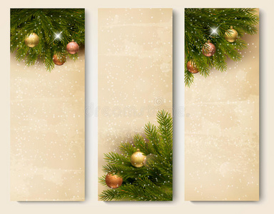 三个带有圣诞树的复古节日横幅br