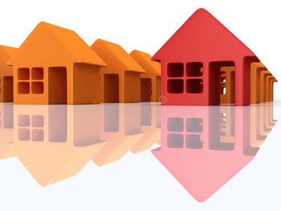 橙色的房子和红色的反光。3d渲染。