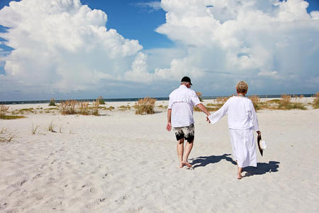 老年夫妇漫步海滩