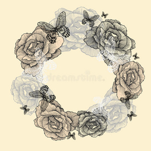 玫瑰蝴蝶手绘的复古花环