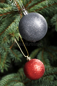 两个圣诞球挂在树上。