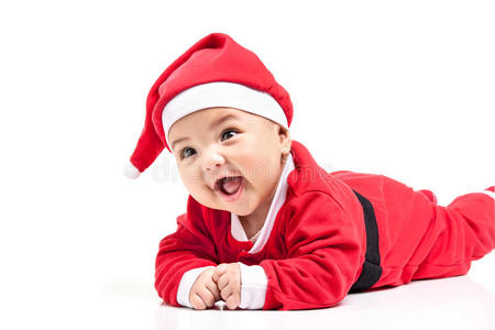 穿红色圣诞服的小女婴。