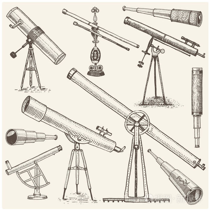 和双筒望远镜象限六分仪刻在老式手绘或木头切割的风格旧的素描眼镜
