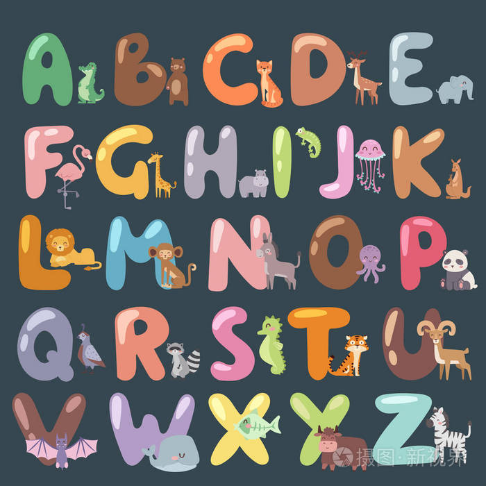 超可爱的动物园字母表与卡通动物隔离和有趣的字母野生动物学习排版