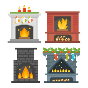 平面样式壁炉图标设计房子的房间温暖圣诞火焰明亮装饰煤炭炉和室内舒适温暖能量矢量图