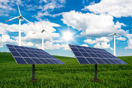 照片拼贴的太阳能电池板和风力汽轮机可持续资源的概念