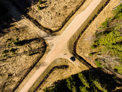 无人机图像。森林道路与农村地区的鸟瞰图