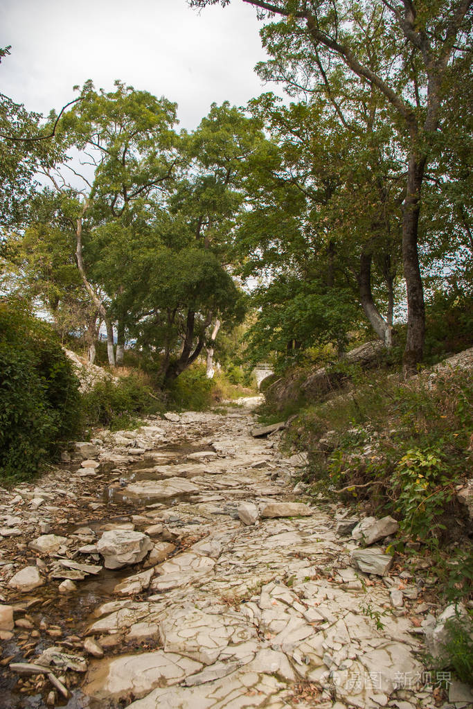 山 岩石的道路与一条小溪远 绿色的树木沿着山路