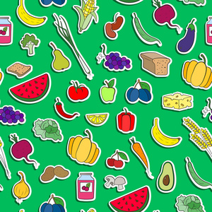无缝背景上的素食主义，简单的图标，主题食品标志上贴上一个绿色的背景