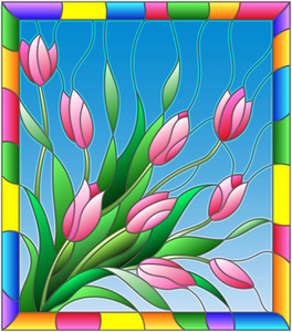 一束彩色玻璃风格的 tulipson 框架中的蓝色背景图