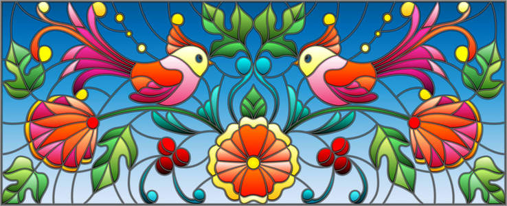 在彩色玻璃风格与抽象的鸟和花在蓝色的背景，图像横向模式一对图