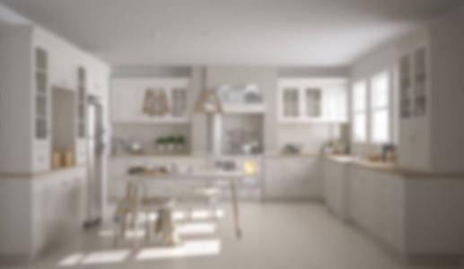模糊背景室内设计，斯堪的纳维亚经典白色厨具