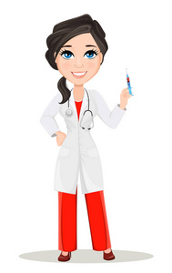 医生用听诊器的女人。可爱的卡通微笑医生医疗礼服持有疫苗注射器中的字符。矢量图。Eps10