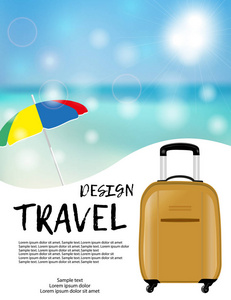 旅游和度假广告设计用黄色的手提箱和海滩伞。夏天。海报模板。Vecto