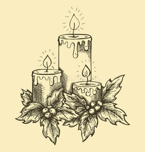 霍莉形蜡烛图画蜡烛冬青浆果和叶子.照片