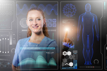 医生在未来的医学概念按下按钮