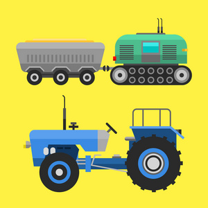农用运输车和联合收割机机结合和挖掘机图标集与配件犁地割草，种植和收获矢量图