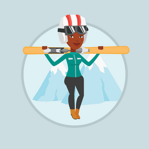 女人抱着滑雪板矢量图