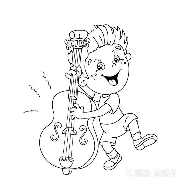 着色页大纲的卡通男孩在拉大提琴乐器孩子们的图画书
