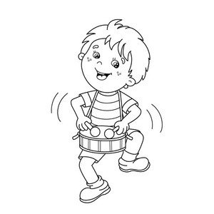 着色页大纲的卡通男孩玩鼓.乐器.孩子们的图画书照片