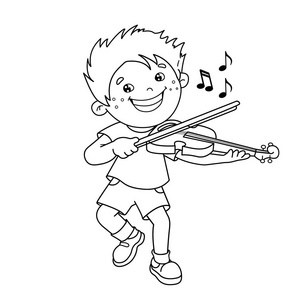 着色页大纲的卡通男孩演奏小提琴。乐器。孩子们的图画书