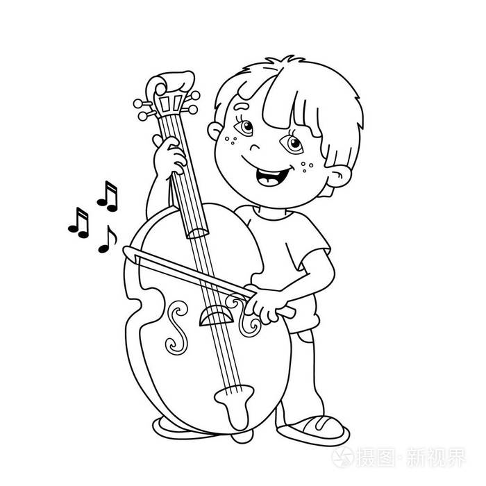 着色页大纲的卡通男孩在拉大提琴.乐器.孩子们的图画书