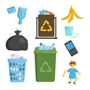 回收垃圾元素垃圾袋子轮胎管理行业利用概念和废物生态罐头瓶回收处置框矢量图