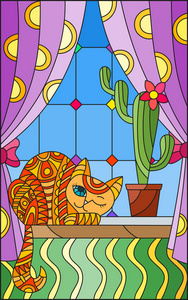 在彩色玻璃样式窗口与窗帘和仙人掌和一只猫在窗台上的插图