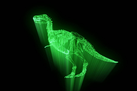 在全息图线框风格的恐龙龙骨架。漂亮的 3d 渲染